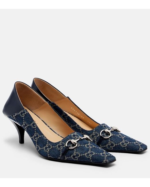 Gucci Blue Vittoria Leather-Trimmed Denim Pumps