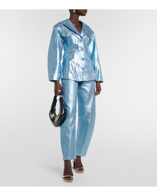 Ganni Foil Metallic Denim Blazer in Blue | Lyst