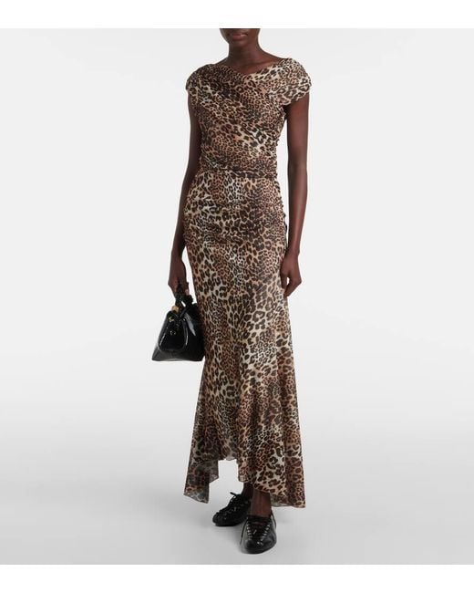 Riani V Neck Leopard Print Side Ruched Dress Tan
