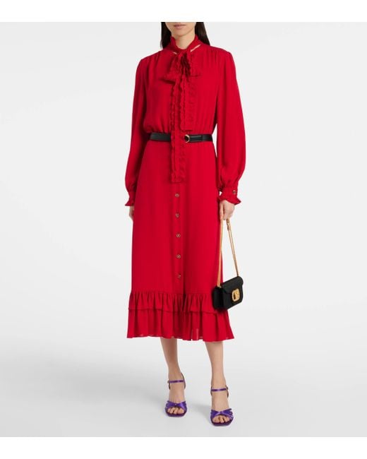 Valentino Red Ruffled Silk Georgette Midi Dress