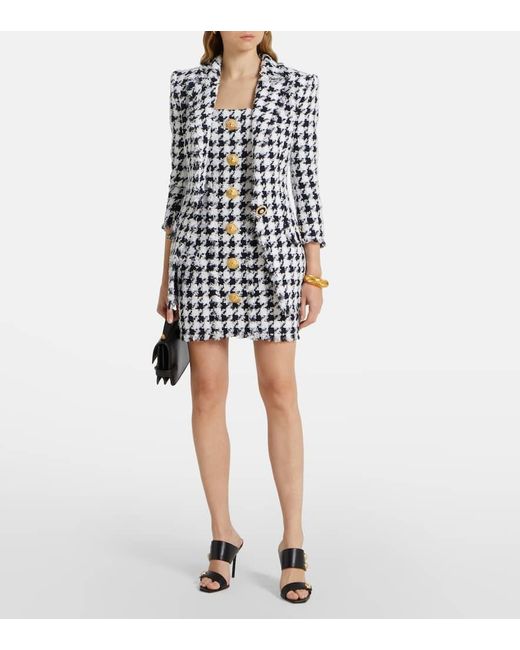 Balmain Blue Houndstooth Tweed Blazer