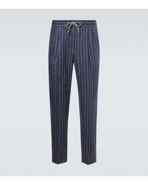 Brunello Cucinelli Blue Striped Linen Straight Pants for men