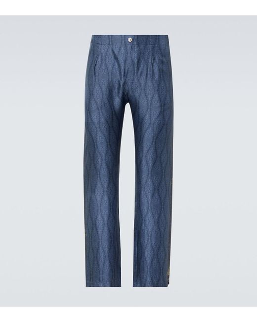 Etro Blue Slim-Fit Straight-Leg Printed Silk-Twill Trousers for men
