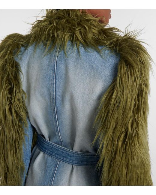 Dries Van Noten Green Rangel Faux Fur-Trimmed Denim Coat