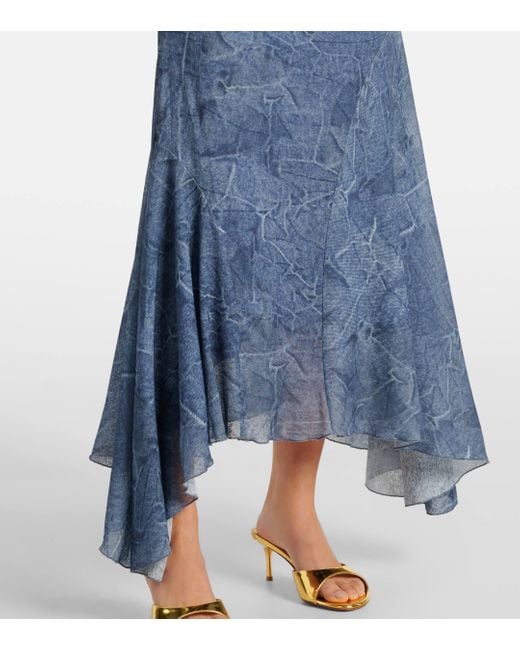 Ganni Blue Printed Ruched Mesh Maxi Dress