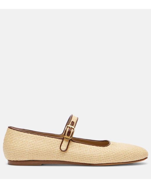 Le Monde Beryl Brown Leather-Trimmed Raffia Mary Jane Flats