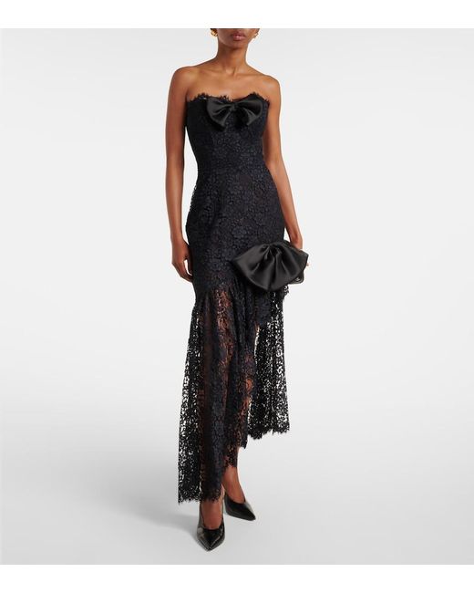 Alessandra Rich Black Bow-Detail Asymmetric Lace Bustier Dress