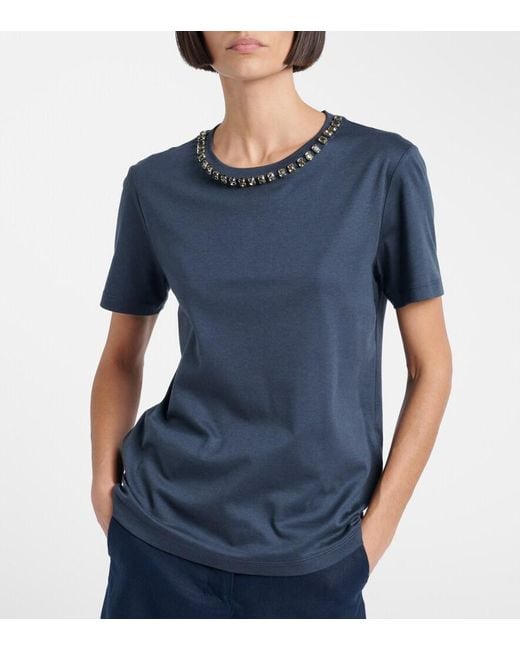 Max Mara Blue Bingo Embellished Cotton-Blend T-Shirt