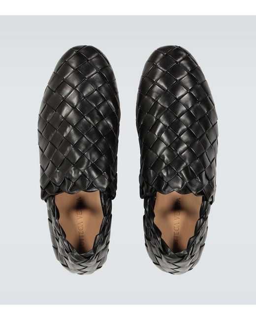 Bottega Veneta Black Leather Intrecciato Slippers for men