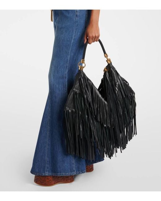 Chloé Black Foulard Fringed Leather Shoulder Bag
