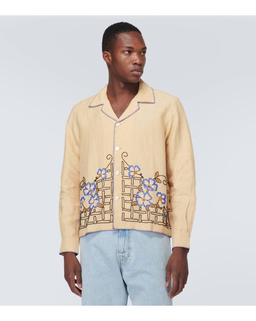Bode Natural Himalayan Poppy Embroidered Linen Shirt for men
