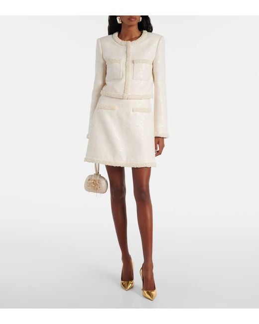 Self-Portrait White Faux Pearl-Trimmed Boucle Miniskirt