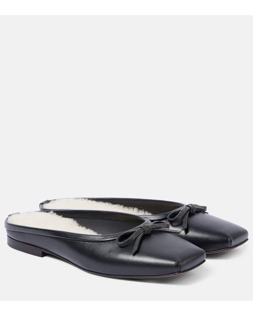 Brunello Cucinelli Black Slippers Monili Aus Leder Mit Shearling