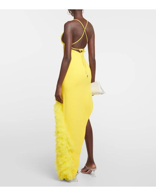 David Koma Yellow Ruffled Wool Crepe Midi Dress