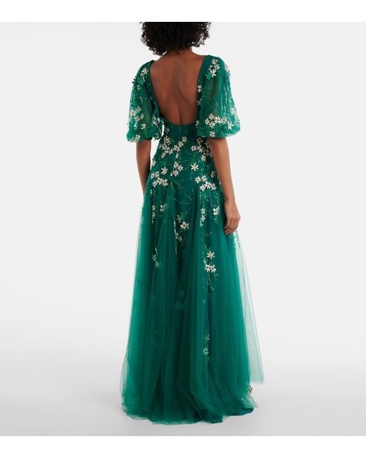 Costarellos Green Floral-Applique Tulle And Lurex Gown