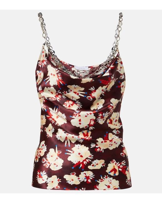 Rabanne Red Chain-Detail Floral Silk Satin Top