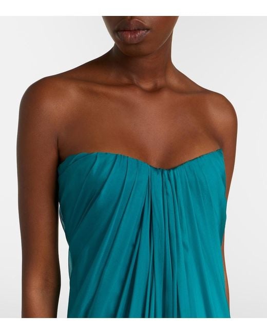 McQueen Blue Draped Silk Chiffon Bustier Gown