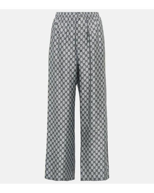Gucci Gray Gg Silk Twill Wide-Leg Pants