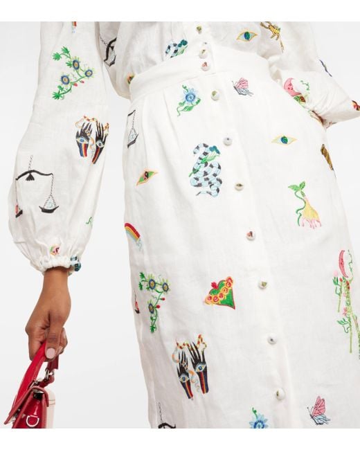 ALÉMAIS White Atticus Embroidered Linen Midi Skirt