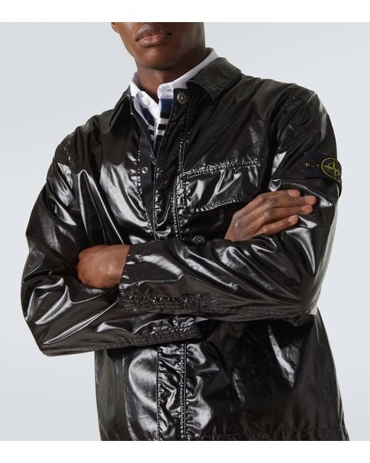 Stone Island Black Compass Laminated Cotton Overshirt for men