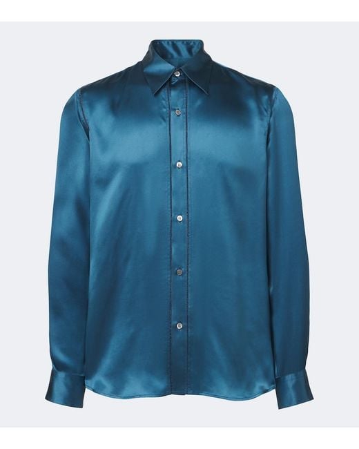 Dries Van Noten Blue Silk Satin Shirt for men