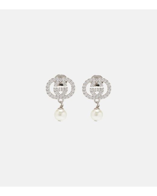 Gucci White Interlocking G Embellished Drop Earrings