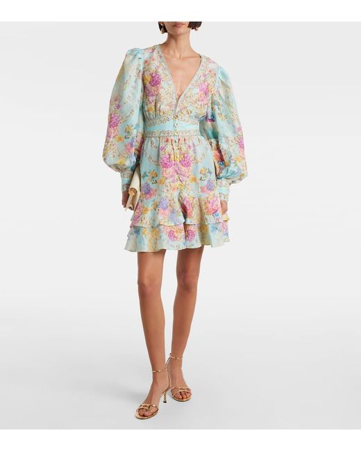 Vestido Corto De Lino Y Seda Floral Adornado Camilla de color Blue