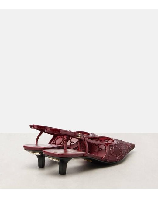 Escarpins À Brides Arrière En Résille À Cristaux Et À Finitions En Cuir Verni Demi Gucci en coloris Red