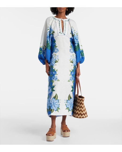 Farm Rio Blue Maxi FARM Rio Printed Puff-Sleeve Linen Maxi Dress in Blue | Lyst