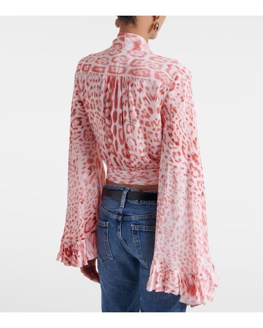 Roberto Cavalli Pink Leopard-Print Tie-Neck Jersey Blouse