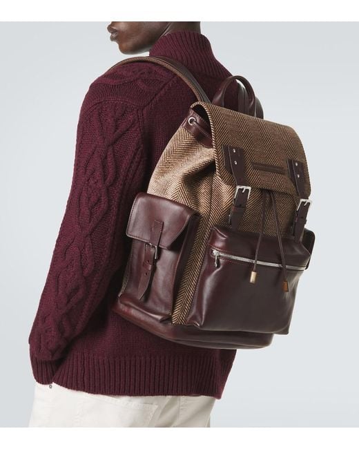 Brunello Cucinelli Brown Herringbone Leather-Trimmed Backpack for men