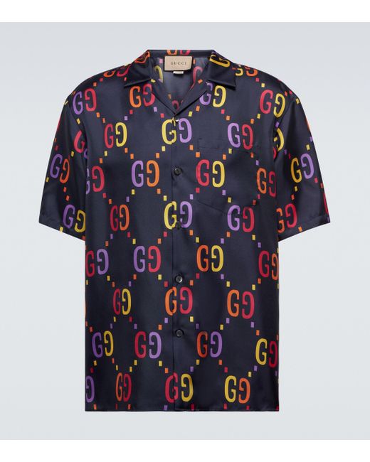 Gucci Blue Jumbo GG Silk Bowling Shirt for men