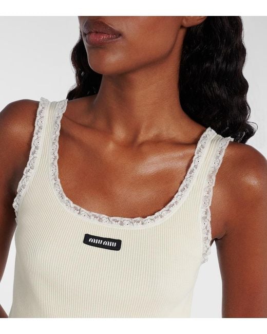 Tank Top De Algodon Con Encaje Miu Miu de color White