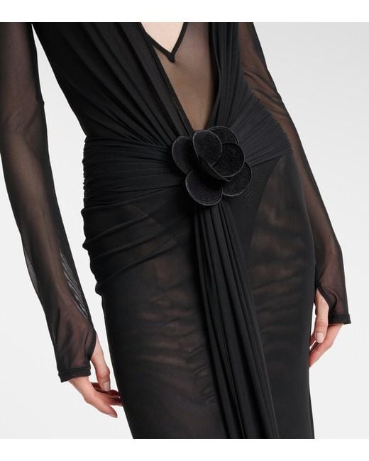 David Koma Black Floral-Applique Mesh Gown