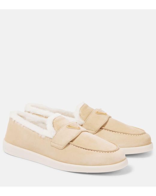 Prada Natural Shearling-Lined Suede Loafers