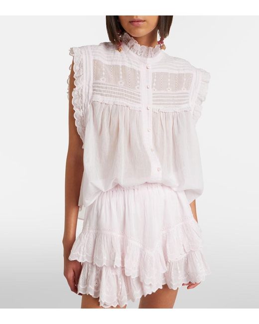 Isabel Marant White Dersia Embroidered Ruffled Cotton Blouse