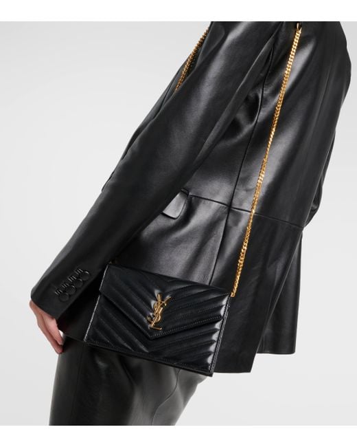 Saint Laurent Black Cassandre Envelope Leather Wallet On Chain