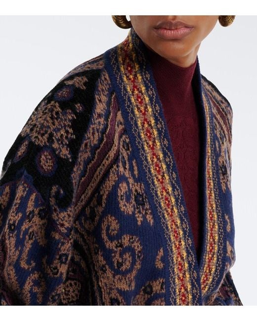 Etro Blue Jacquard Wool-Blend Wrap Cardigan