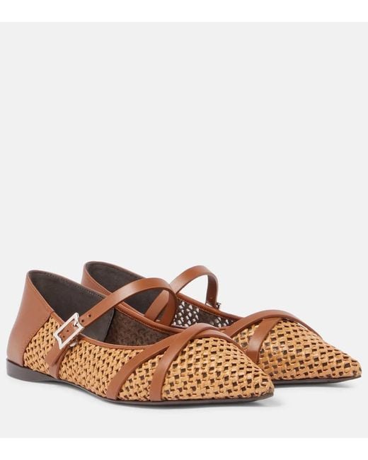 Max Mara Brown Woven Leather-Trimmed Mary Jane Flats