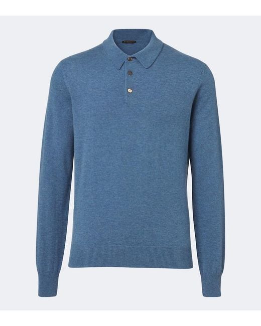 Rubinacci Blue Cashmere Polo Sweater for men