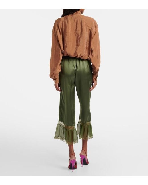 Saint Laurent Green Lace-Trimmed Silk Satin Straight Pants