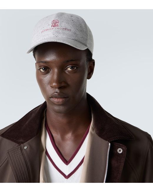 Brunello Cucinelli White Logo Wool And Cashmere Baseball Cap for men