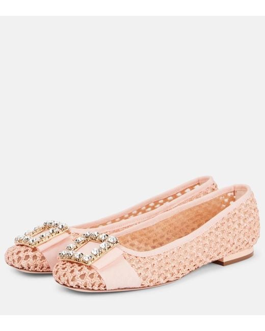 Roger Vivier Pink Tres Vivier Embellished Raffia Ballet Flats