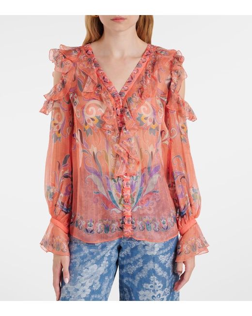 Etro Pink Printed Ruffled Silk Blouse