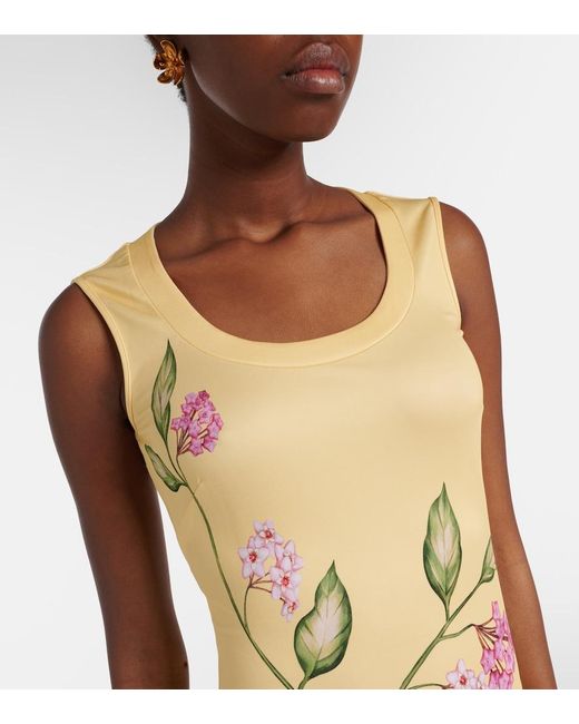 Oscar de la Renta Metallic Porcelain Flower Jersey Maxi Dress
