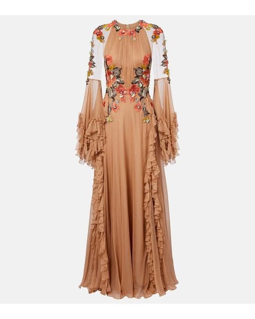 Costarellos Brown Zilara Embellished Silk Georgette Gown