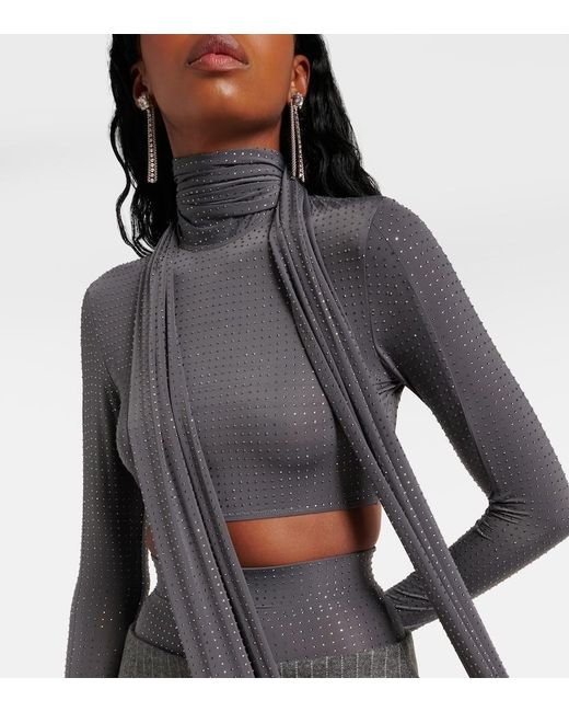Alex Perry Gray Scarf-Detail Embellished Jersey Crop Top