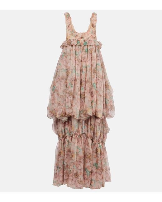 Chloé Pink Floral Ruffled Silk Mousseline Gown