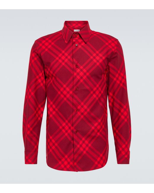 Burberry Checked Cotton Shirt in Red for Men | Lyst UK