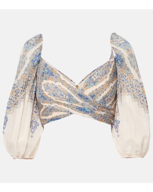 Zimmermann White Paisley Puff-Sleeve Crop Top